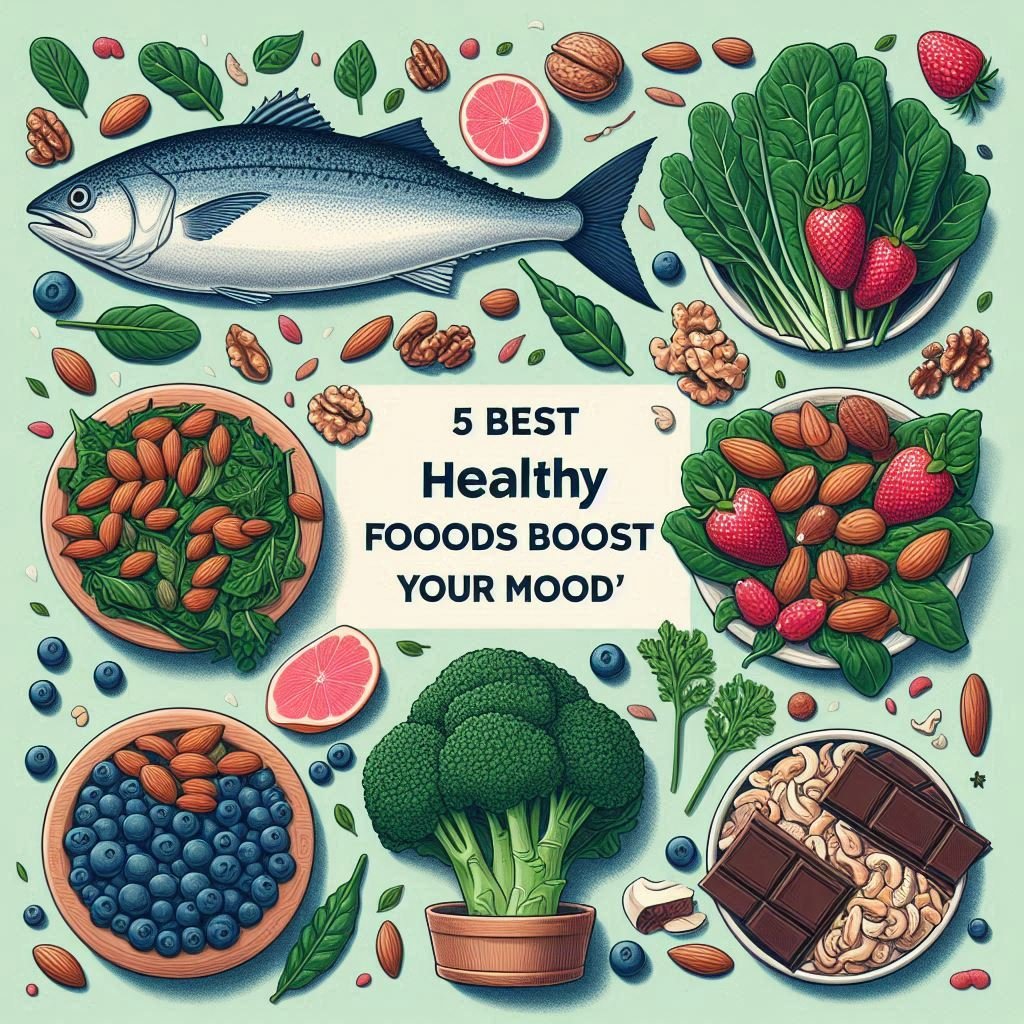 5 Best Healthy Foods That Boost Your Mood'. The post should highlight five specific foods—fatty fish (salmon, mackerel, sardines), leafy greens (spinach, kale), berries (blueberries, strawberries, raspberries), nuts and seeds (walnuts, almonds, flaxseeds, chia seeds), and dark chocolate—that can improve mood and mental well-being. For each food, explain why it's beneficial for brain health and mood regulation, and offer practical tips for how readers can incorporate these foods into their daily diet. The tone should be informative, engaging, and easy to understand. Be sure to include keywords such as 'foods that boost mood', 'healthy foods for brain health', and 'mood-boosting foods' to make the blog SEO-friendly."