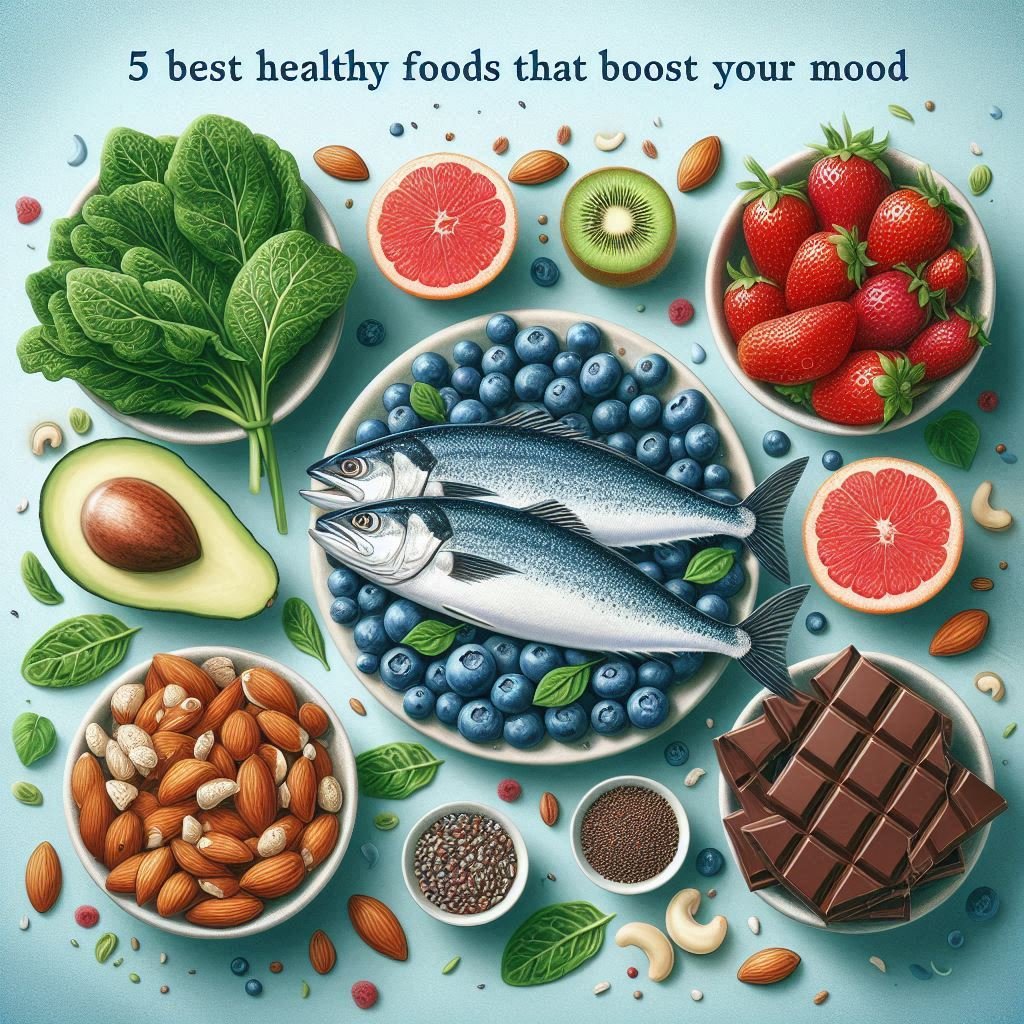 5 Best Healthy Foods That Boost Your Mood'. The post should highlight five specific foods—fatty fish (salmon, mackerel, sardines), leafy greens (spinach, kale), berries (blueberries, strawberries, raspberries), nuts and seeds (walnuts, almonds, flaxseeds, chia seeds), and dark chocolate—that can improve mood and mental well-being. For each food, explain why it's beneficial for brain health and mood regulation, and offer practical tips for how readers can incorporate these foods into their daily diet. The tone should be informative, engaging, and easy to understand. Be sure to include keywords such as 'foods that boost mood',