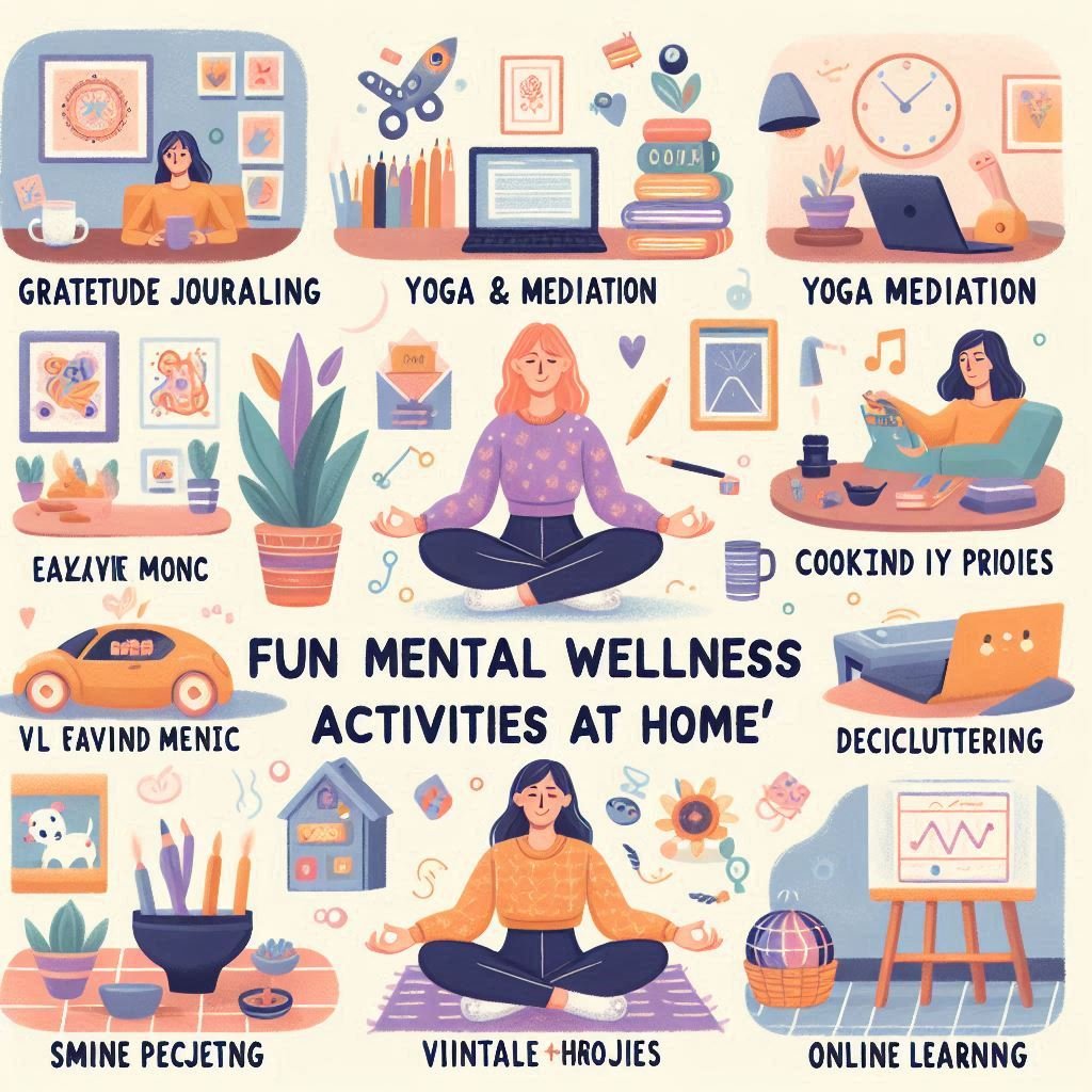 Fun Mental Wellness Activities to Try at Home'. The post should outline engaging activities that readers can do from home to improve mental well-being, reduce stress, and lift their mood. Include ideas like gratitude journaling, yoga and meditation, creative hobbies (like painting or crafting), virtual game nights with friends, cooking new recipes, small DIY projects, dancing to favorite music, decluttering, mindful coloring, and online learning. For each activity, explain how it can benefit mental health, and provide easy, actionable steps for readers to try. Use a warm, supportive tone to make the post inviting and accessible. Optimize for SEO by including keywords such as 'mental wellness activities,' 'fun ways to boost mental health,' and 'mental health tips at home.'"