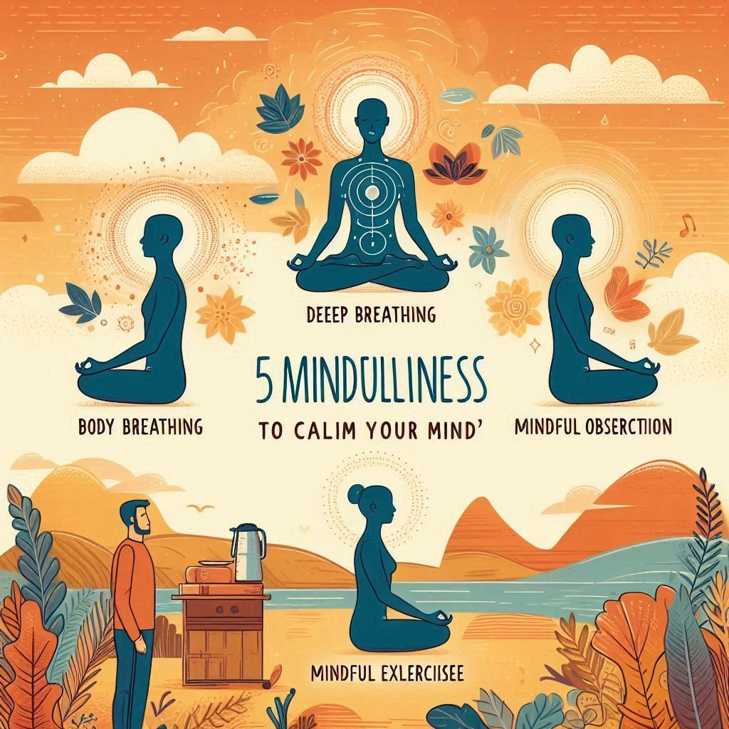 Mindfulness exercises are a simple yet powerful way to calm your mind, reduce stress, and improve mental clarity. In this post, we’ll explore five easy mindfulness practices—deep breathing, body scan meditation, mindful observation, mindful walking, and the 5-4-3-2-1 grounding exercise—that you can incorporate into your daily routine. Whether you have a few minutes or longer, these exercises will help bring you back to the present moment and promote relaxation, focus, and inner peace.